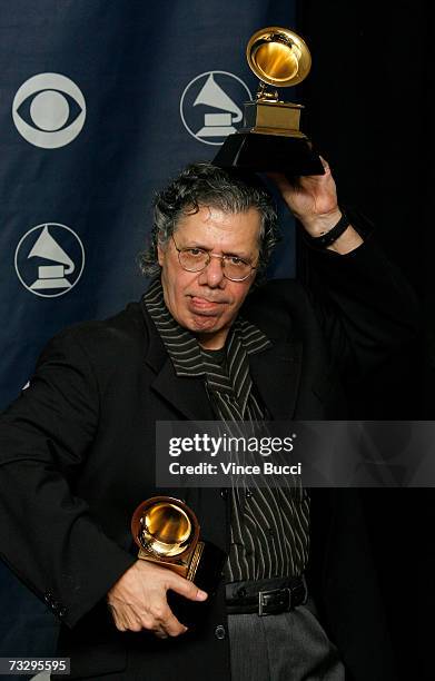 Winner for Best Jazz Instrumental Album, Individual or Group and Best Instrumental Arrangement, Chick Corea poses with his Grammys in the press room...