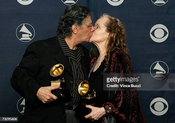 Winner for Best Jazz Instrumental Album, Individual or Group and Best Instrumental Arrangement, Chick Corea and wife Gayleposes with his Grammys in...