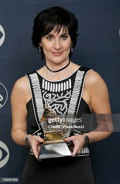 Singer Enya poses in the press room with her Grammy for Best New Age Album, "Amarantine" at the 49th Annual Grammy Awards at the Staples Center on...