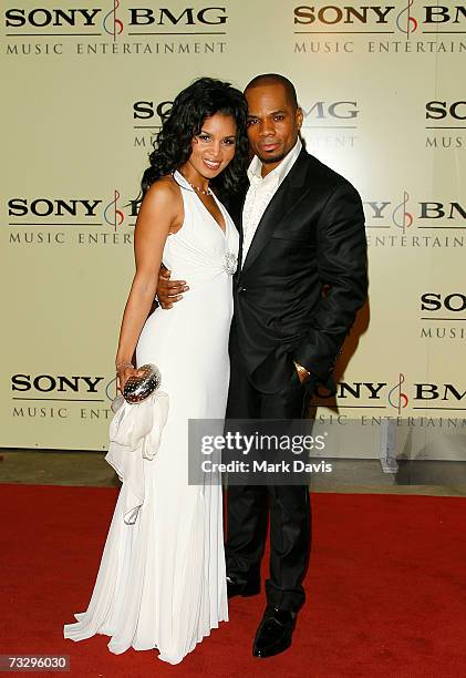 Musician Kirk Franklin and wife arrives at the Sony/BMG Grammy party held at the Beverly Hills Hotel on February 11, 2007 in Beverly Hills,...