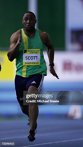 Ryan Scott of Yate during the men's 60m semi-final during the Norwich Union European Indoor Trials & UK Championships at the English Institute of...