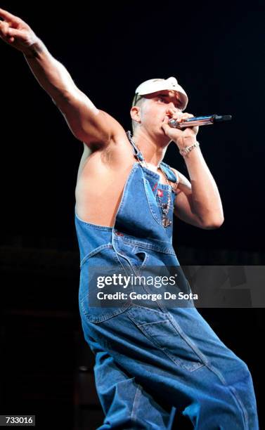 Rapper Eminem raps onstage at his performance in New Jersey Meadowlands Arena October 19, 2000 in Secaucas, NJ. Organizers for the 43rd Grammy...