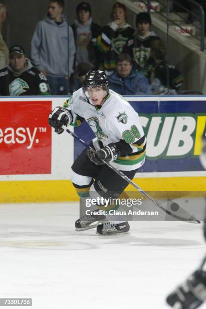 Patrick Kane of the London Knights skates against the Brampton Battalion at the John Labatt Centre on February 9, 2007 in London, Ontario, Canada....