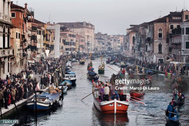 Boats carrying participants sail on the "Rio Canareggio" during a boat parade during the Carnival on February 11, 2007 in Venice, Italy. The Carnival...