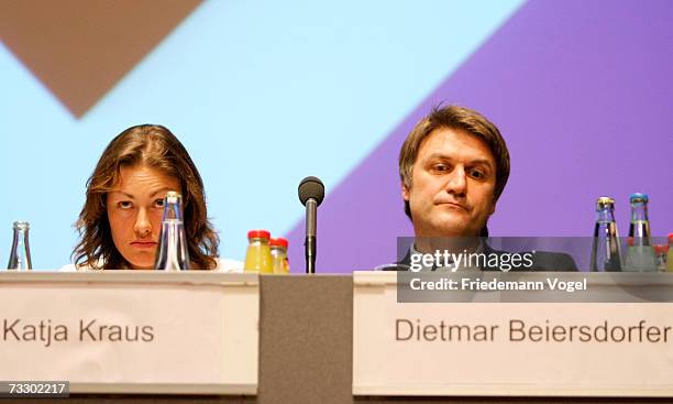 Executive Board member Katja Kraus and Manager Dietmar Beiersdorfer look on during the general meeting of Hamburger SV at the Congress Center on...