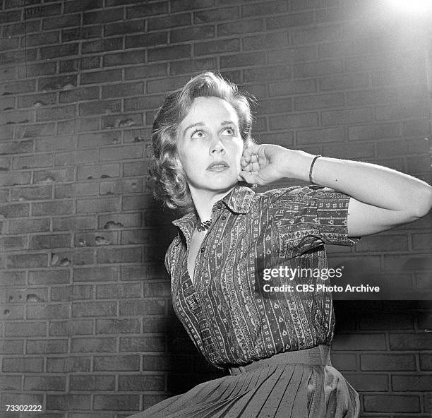 American actress Kim Hunter fearfully glaces upward in the CBS television Playhouse 90 production of 'Alas, Babylon,' March 18, 1960.