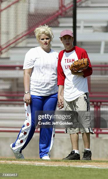 Anna Nicole Smith and son Daniel Wayne Smith participate in a charity softball game on June 30, 2002 at Dedeaux Field in Los Angeles, California.