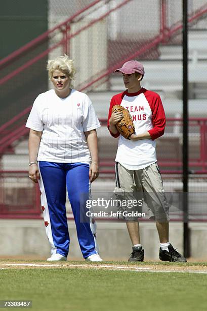 Anna Nicole Smith and son Daniel Wayne Smith participate in a charity softball game on June 30, 2002 at Dedeaux Field in Los Angeles, California.