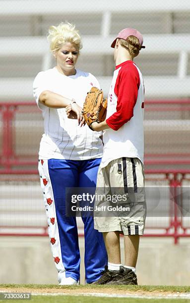 Anna Nicole Smith and son Daniel Wayne Smith participate in a charity softball game on June 30, 2002 at Dedeaux Field in Los Angeles, California.