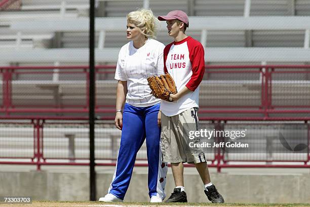 Anna Nicole Smith and son Daniel Wayne Smith participate in a charity softball game on June 30, 2002 at Dedeaux Field in Los Angeles, California.