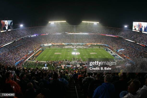 General view of Dolphin Stadium as Billy Joel sings the national anthem before Super Bowl XLI between the Indianapolis Colts and the Chicago Bears on...