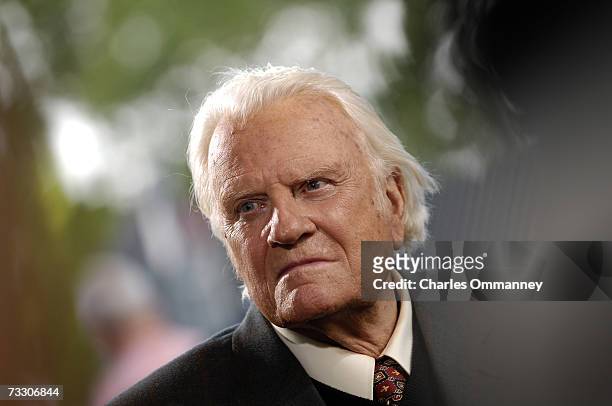 Evangelist Billy Graham preaches during his New York Crusade at Flushing Meadows Park on June 24, 2005 in Queens, New York. Graham has preached the...