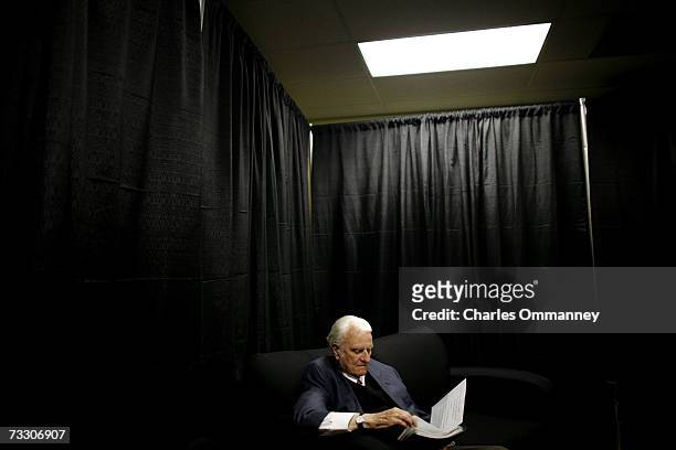 Evangelist Billy Graham prepares to preach during the Metro Maryland 2006 Festival on July 9, 2006 at Oriole Park at Camden Yards in Baltimore,...