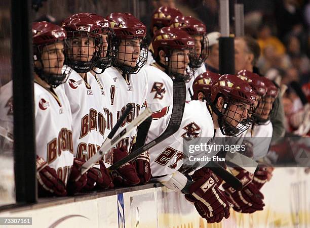 The Boston College Eagles team members looks on from the bench during a power play in the second period against the Boston University Terriers during...