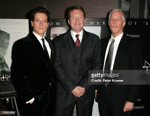 Actor Ioan Gruffudd, screenwriter Steven Knight and director Michael Apted attend the premiere of "Amazing Grace" on February 12, 2007 in New York...