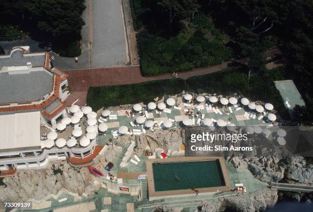 An aerial view of the the swimming pool at the Hotel du Cap Eden-Roc, Antibes, France, August 1976.
