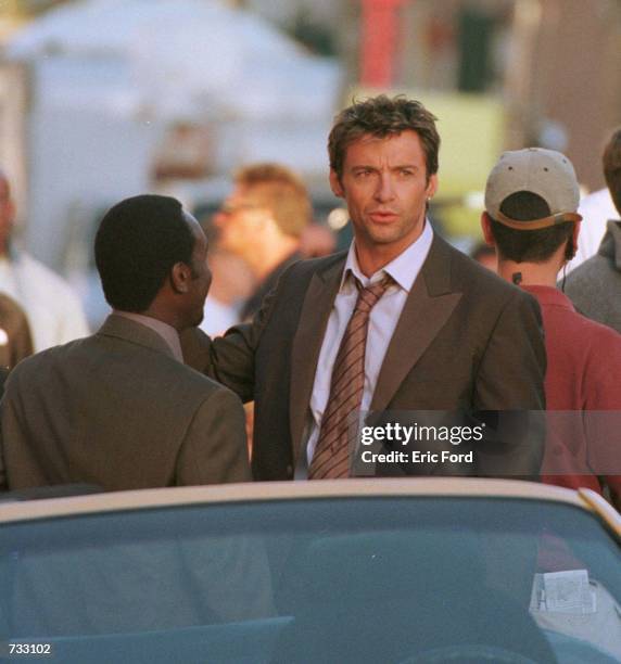 Actor Hugh Jackman prepares to film a scene for Swordfish on October 23, 2000 in Ventura, CA.