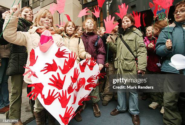 School children support operation Red Hand Day, at the Belgian Ministry of Foreign Affairs, on February 13, 2007 in Brussels, Belgium. Red Hand Day...