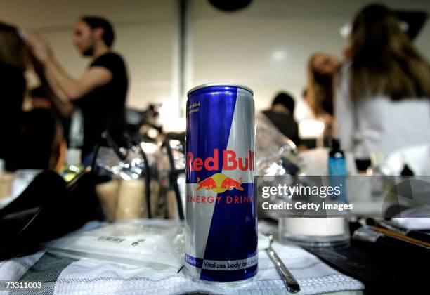 Can of Red Bull sits backstage whilst hairdressers work at London Fashion Week in the BFC tent on February 13, 2007 in London England
