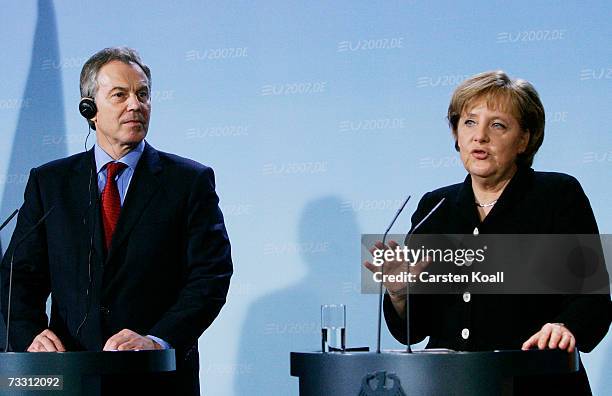 German Chancellor Angela Merkel and British Prime Minister Tony Blair speak at a news conference February 13, 2007 at the Chancellery in Berlin,...