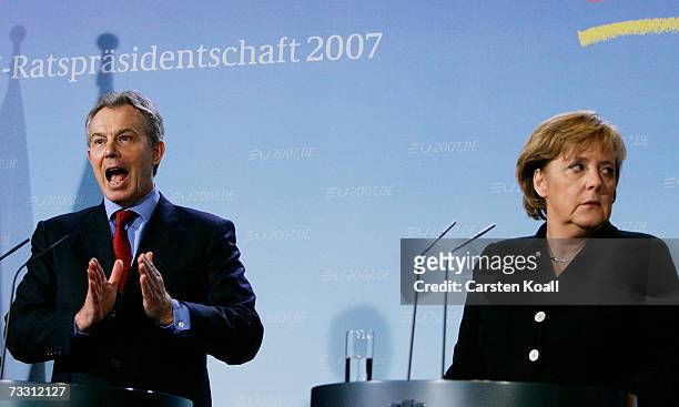 British Prime Minister Tony Blair speaks at a news conference with German Chancellor Angela Merkel February 13, 2007 at the Chancellery in Berlin,...