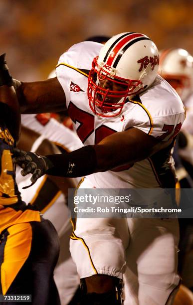 Offensive lineman Jared Gaither of the Maryland Terrapins blocks against the West Virginia Mountaineers at Milan Puskar Stadium, the home of...