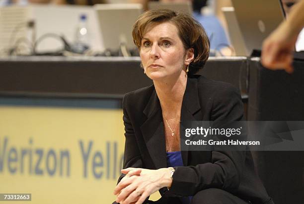 Coach Gail Goestenkors of the Duke University Blue Devils watches during a game against the North Carolina Tar Heels February 8, 2007 at Carmichael...