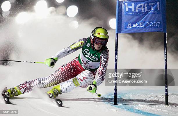 Nicole Hosp of Austria competes on her way to first place in the Womens Giant Slalom on day eleven of the FIS World Ski Championships on February 13,...