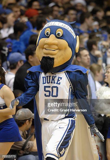Blue Devil Mascot of the Duke University Blue Devils walks on the court against the North Carolina Tar Heels during the game on February 7, 2007 at...