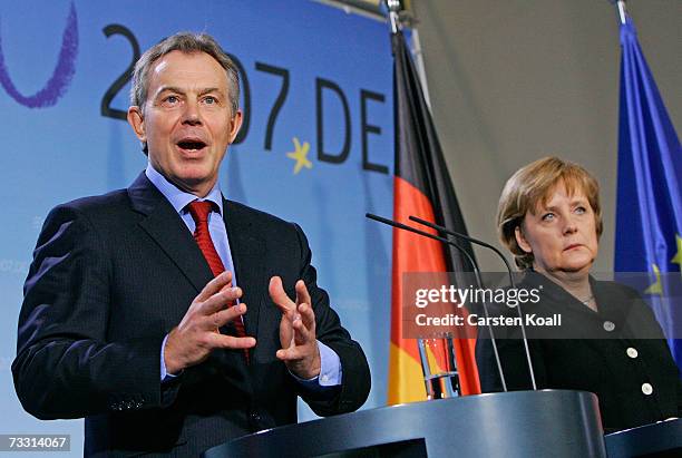 German Chancellor Angela Merkel and British Prime Minister Tony Blair speak at a news conference February 13, 2007 at the Chancellery in Berlin,...