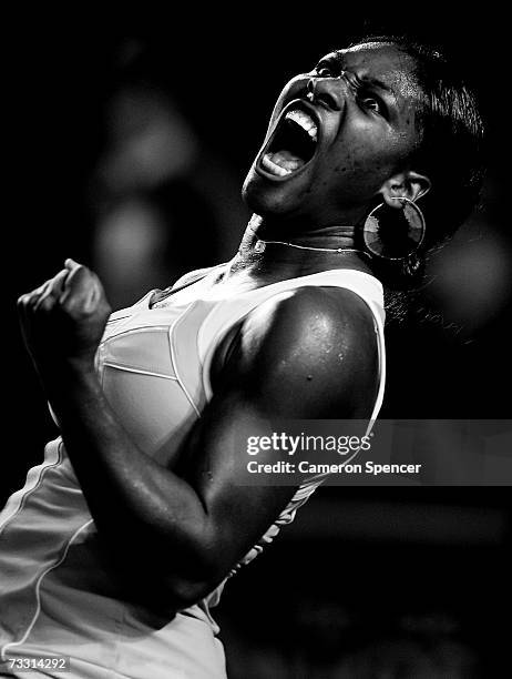 Serena Williams of the USA celebrates winning a point during her fourth round match against Jelena Jankovic of Serbia on day seven of the Australian...