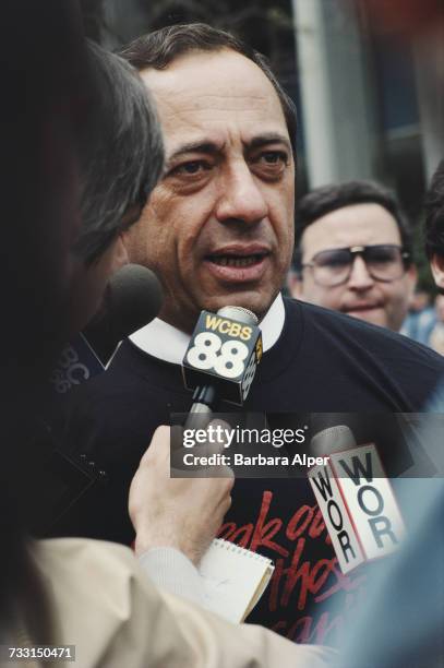 Governor of New York, Mario Cuomo, being interviewed by a radio reporter, New York City, May 1984.