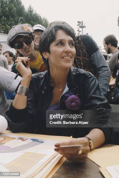 American singer-songwriter Joan Baez at an international nuclear disarmament march and rally in New York City, 12th June 1982.