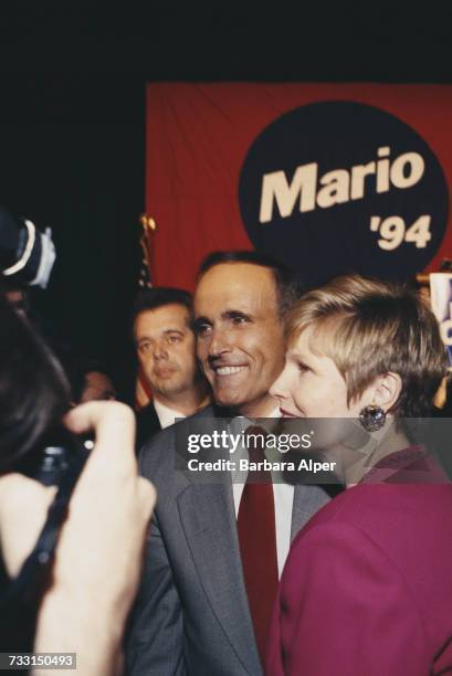 Mayor of New York City, Rudy Giuliani and his wife, Donna Hanover, at the campaign headquarters of incumbent Governor of New York, Mario Cuomo,...