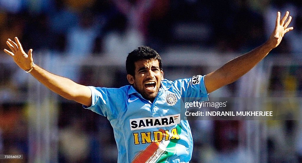 Indian cricketer Zaheer Khan celebrates...