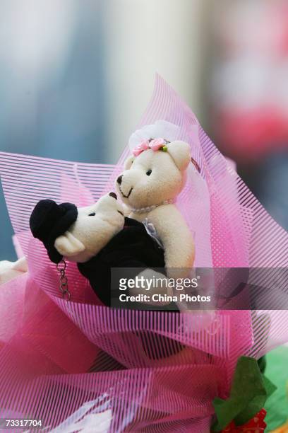 Teddy bear toy a gift for St. Valentine's Day is seen on February 14, 2007 in Changchun of Jilin Province, China. Valentines Day is a traditional...