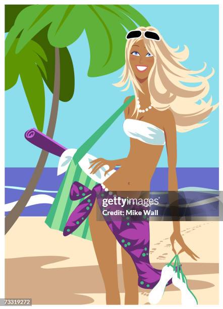 ilustraciones, imágenes clip art, dibujos animados e iconos de stock de woman carrying bag on beach - bolsa de playa