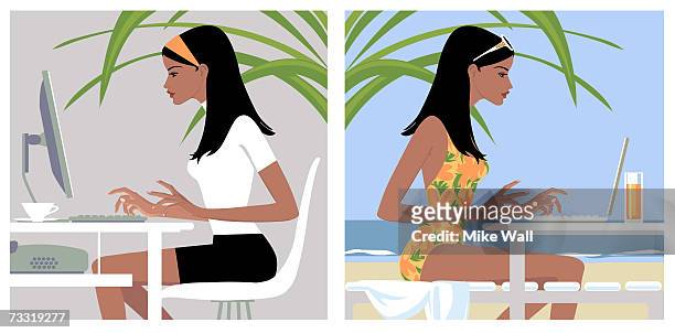 ilustraciones, imágenes clip art, dibujos animados e iconos de stock de woman using laptop at work and at beach, split screen - coffee outside