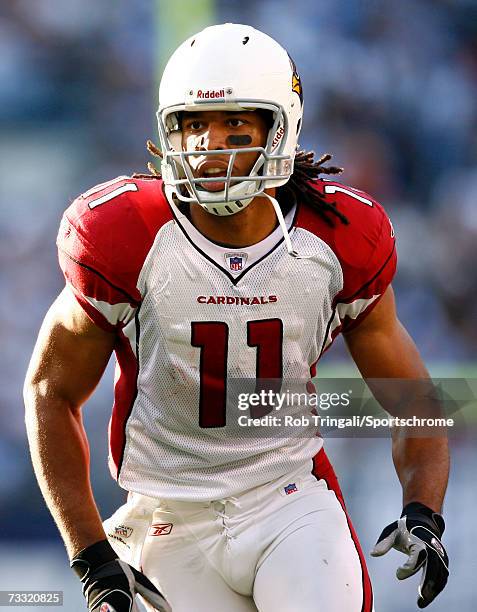 Wide receiver Larry Fitzgerald of the Arizona Cardinals runs a pattern against the San Diego Chargers at Qualcomm Stadium on December 31, 2006 in San...