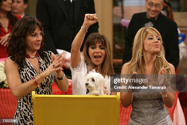 Rosana Franco, Alondra and Roxana Garcia appear at the dog wedding of Cosita and Pucci on Univision's Despierta America on February 14, 2007 in...