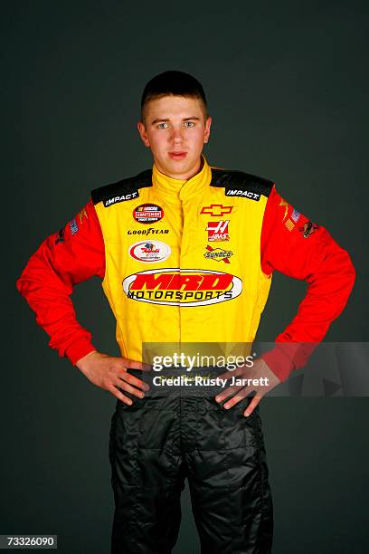 Blake Bjorklund, driver of the Chevrolet, poses during NASCAR Craftsman Truck Series media day at Daytona International Speedway on February 14, 2007...