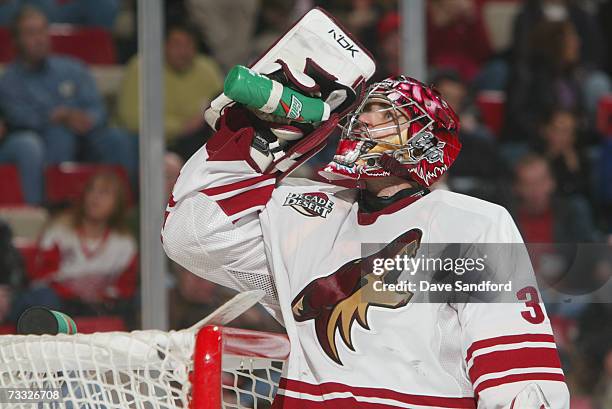 Goaltender Curtis Joseph of the Phoenix Coyotes takes a drink during a break in action of the NHL game against the Detroit Red Wings at Joe Louis...