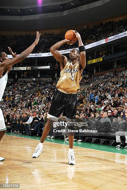 Antawn Jamison of the Washington Wizards shoots against the Boston Celtics on January 28, 2007 at TD Banknorth Garden in Boston, Massachusetts. The...