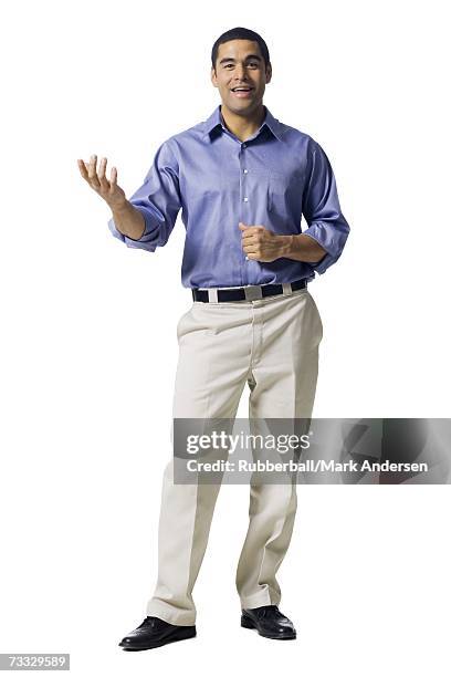 man standing and gesturing with hands smiling - presenter isolated stock pictures, royalty-free photos & images