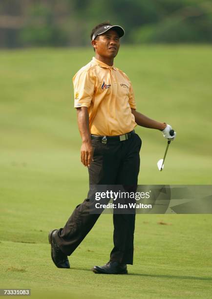 Thongchai Jaidee of Thailand reacts to a shot on the 15th hole during the first round of the 2007 Enjoy Jakarta Astro Indonesian Open at Damai Indah...