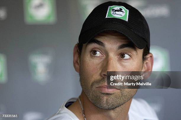 Stephen Fleming, captain of New Zealand, speaks during a press conference at the Basin Reserve February 15, 2007 in Wellington, New Zealand. New...