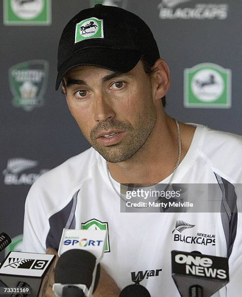 Stephen Fleming, captain of New Zealand, speaks during a press conference at the Basin Reserve February 15, 2007 in Wellington, New Zealand. New...