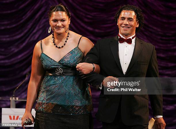 Valerie Vili leaves the stage with her Halberg Award for Sportswoman of the Year with rugby league legend Ruben Wiki during the Halberg Sports Awards...