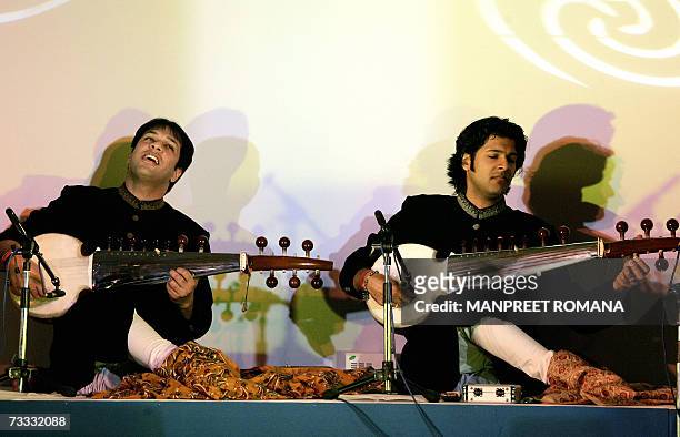 Indian Sarod playing brothers Ayaan Ali Bangash and Amaan Ali Bangash perform at the launch of Sennheiser Electronics India Private Limited in New...