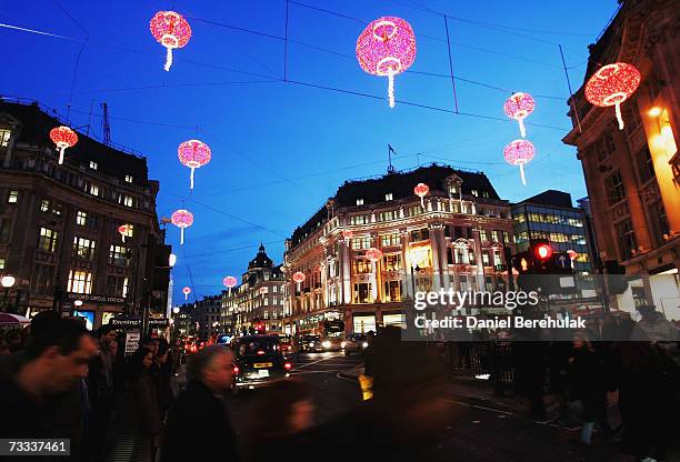 Illuminated Chinese lanterns hang over Oxford Circus on February 15, 2007 in London, England. The event marks the official launch of the month long...